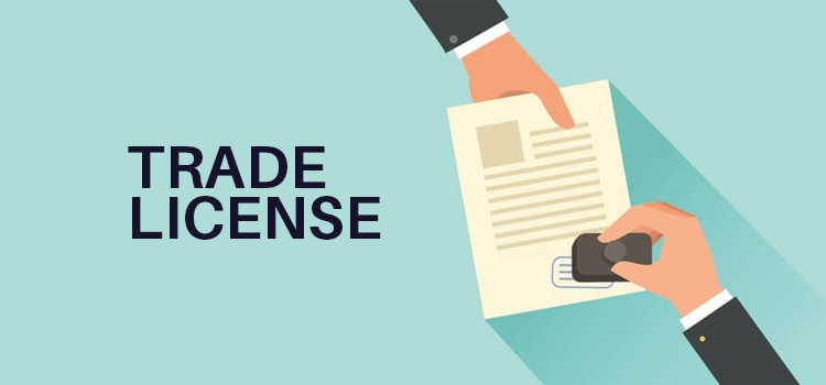 Illustration of a person stamping a trade license document on a teal background with bold 'TRADE LICENSE' text beside it.